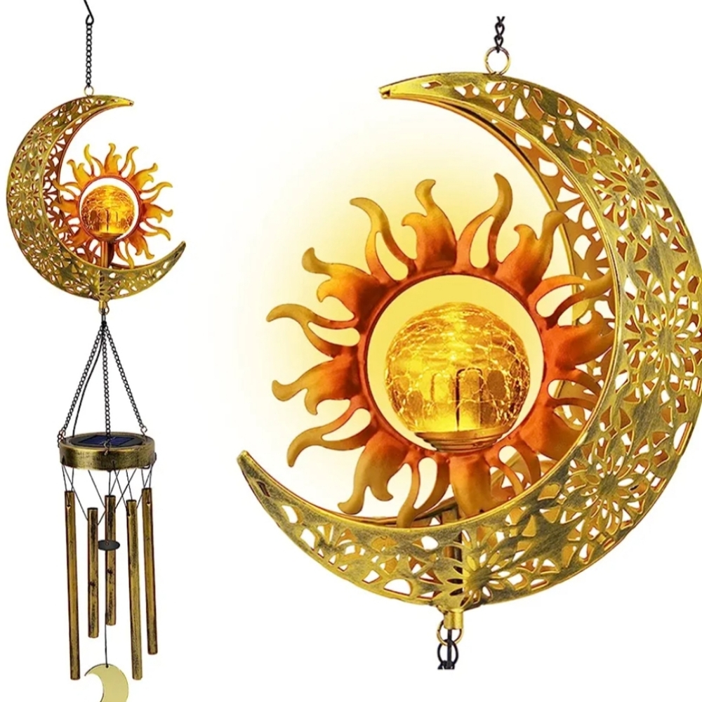 Cresent Moon & Flaming Sun Solar Light Wind Chimes NWT